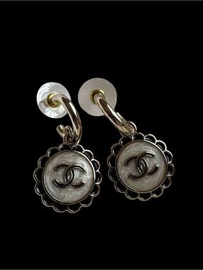 Upcycled Silver and Black CC Medallion Drop Hoop Earrings